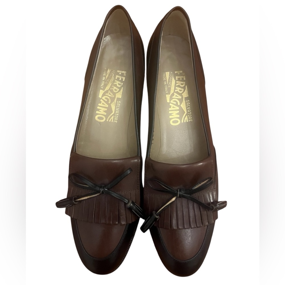 Ferragamo Women’s Kiltie Loafer Flats Shoes 5.5 AA Brown Black Two Tone